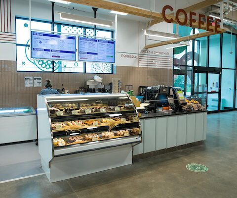 coffee bar and baked goods cooler at Healthy Living